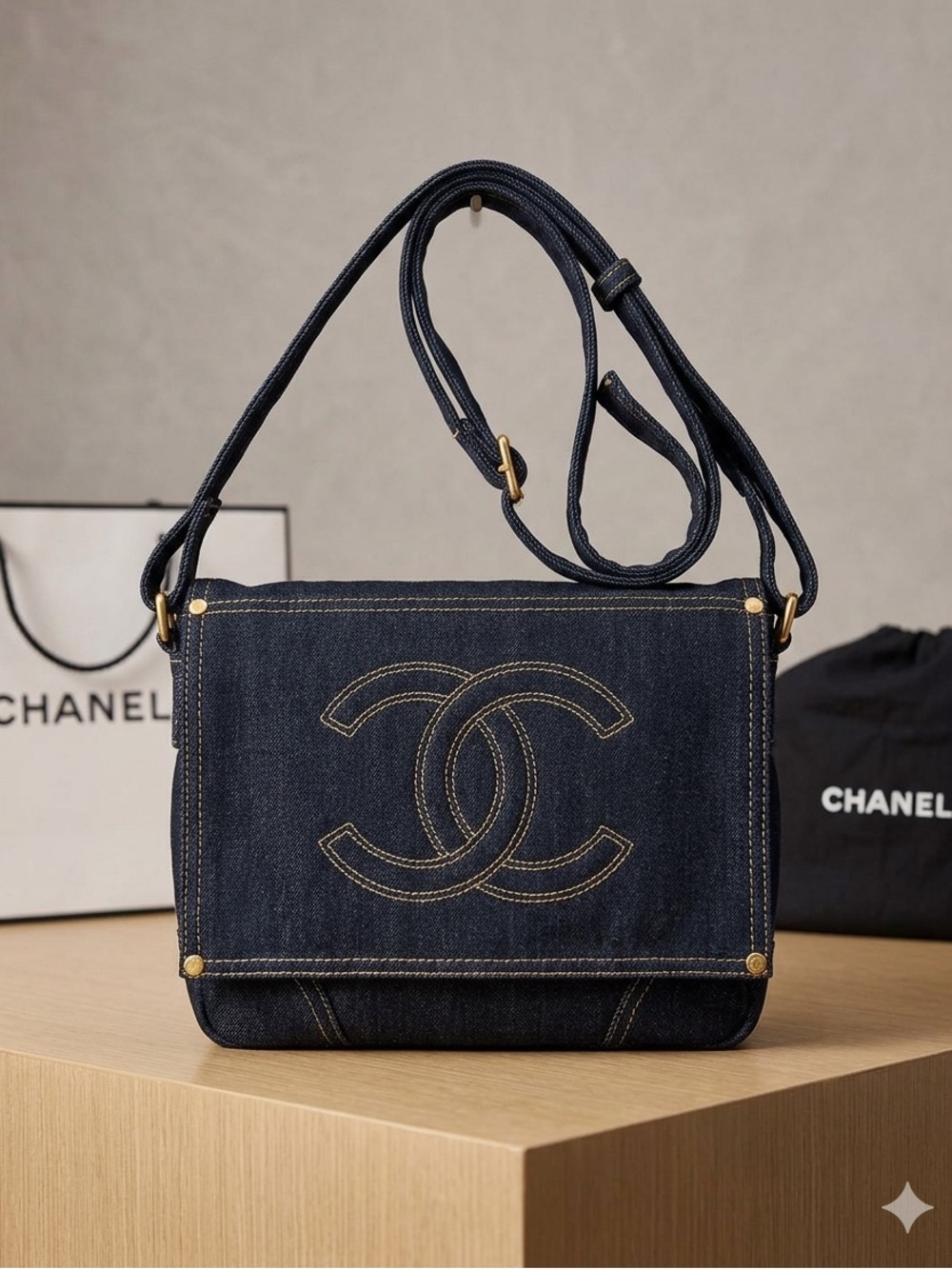 NWOT ChaneI Denim CC Flap Crossbody Bag in Dark Blue with Gold-Tone Hardware GWP